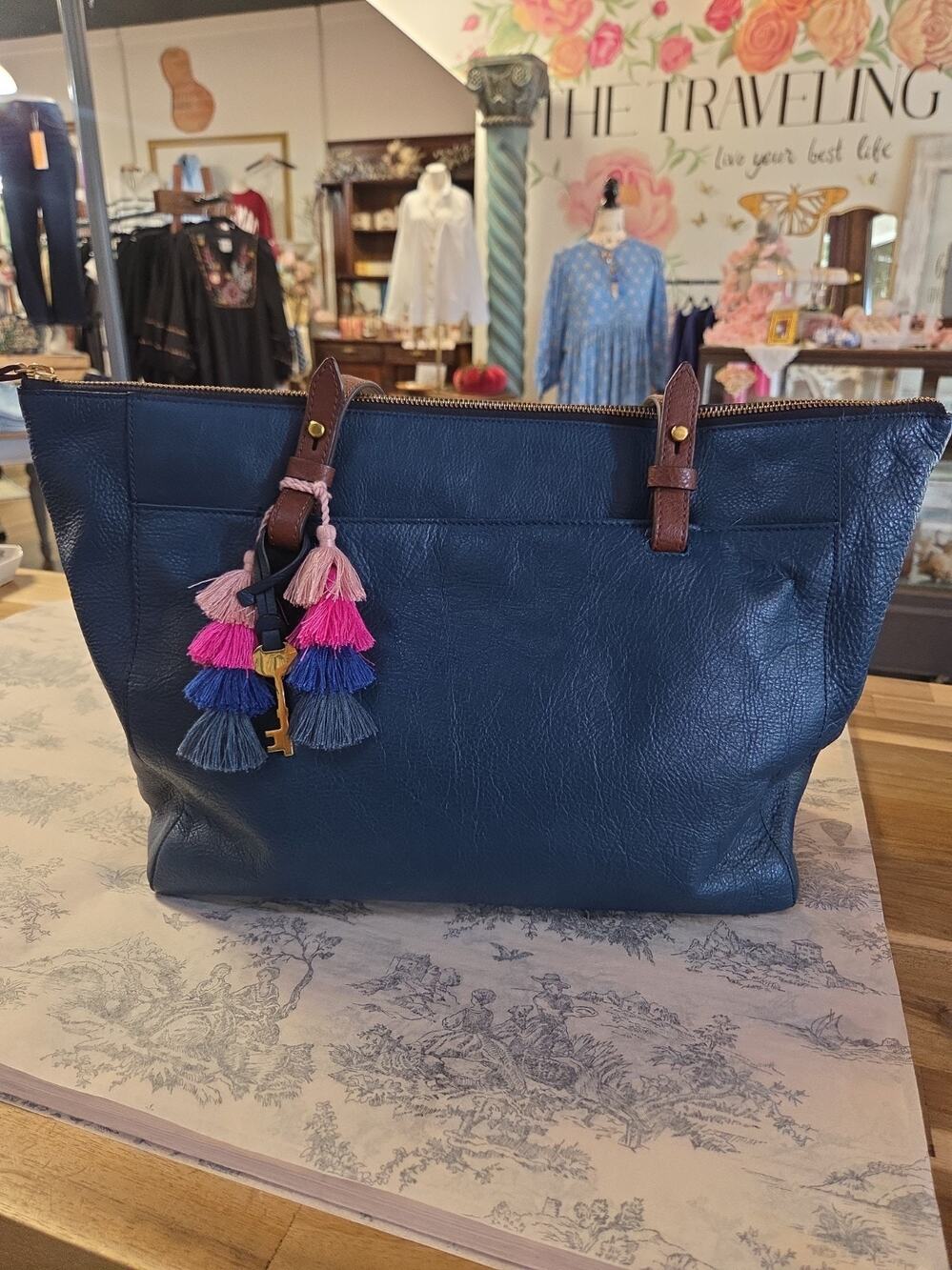 Fossil Rachel Blue Leather Tote Bag Brown Straps Brass Key Charm Zip Top